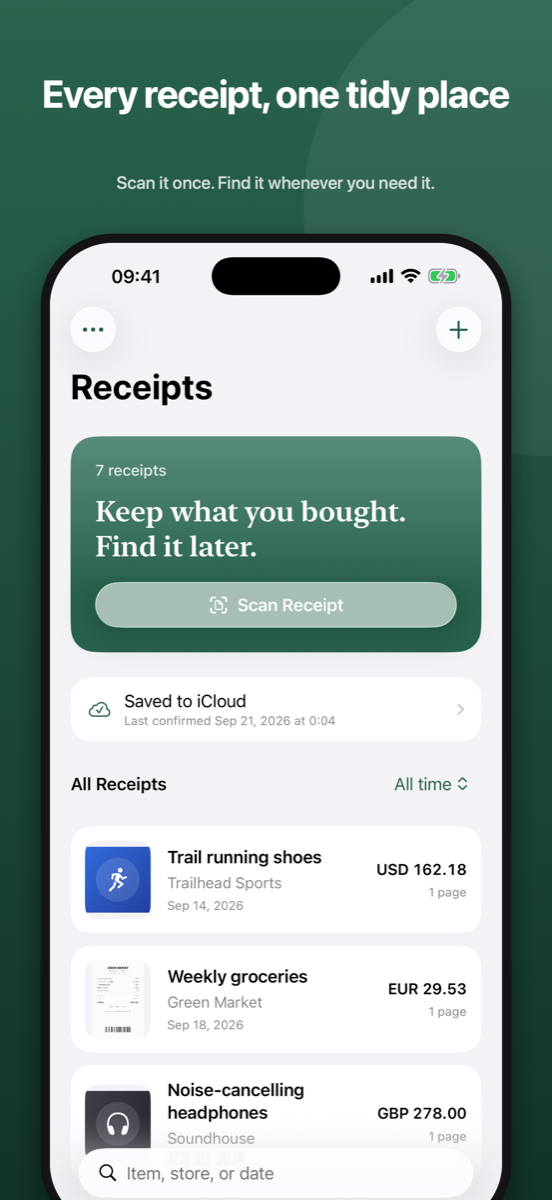 Receipts library screen